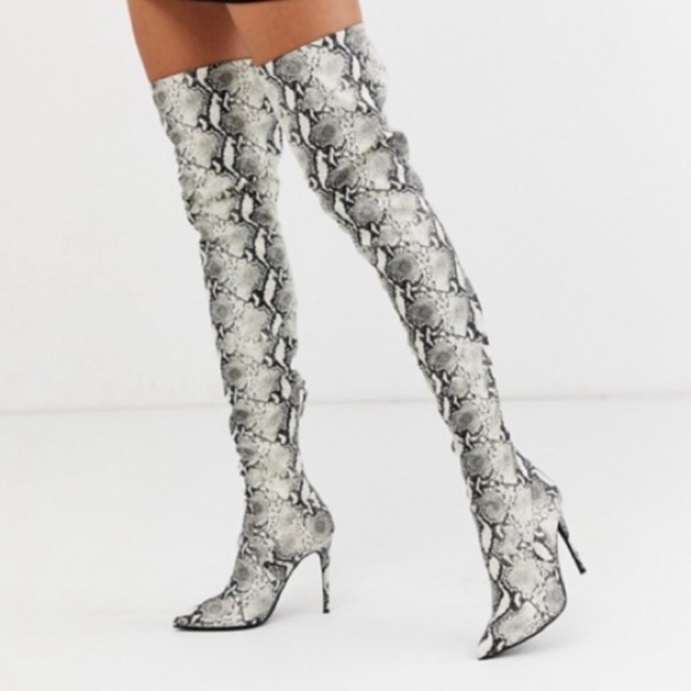 Steve Madden Snake Print Over-the-Knee Stiletto Boots in Grey and Cream